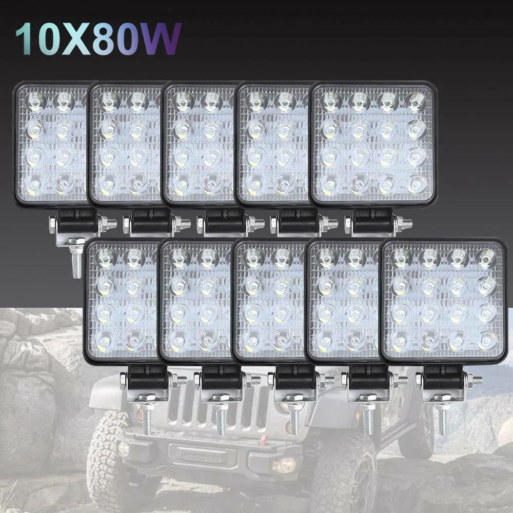 10PCS 80W 4" Square LED Work Flood Lights 12V 6800LM