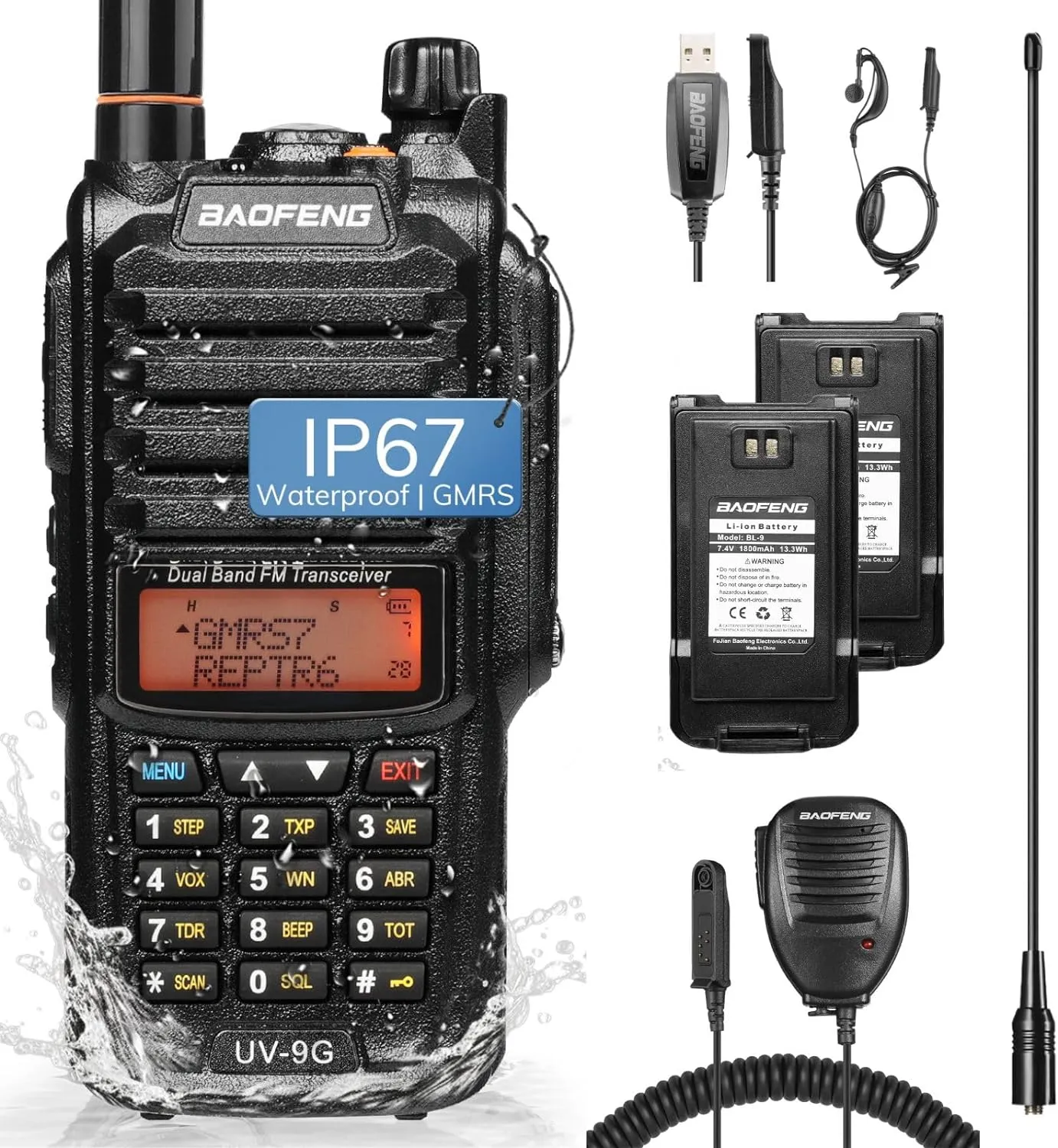 Baofeng UV-9G GMRS Radio | 5W | IP67 Waterproof | Repeater Capable | V/UHF Scanner | NOAA