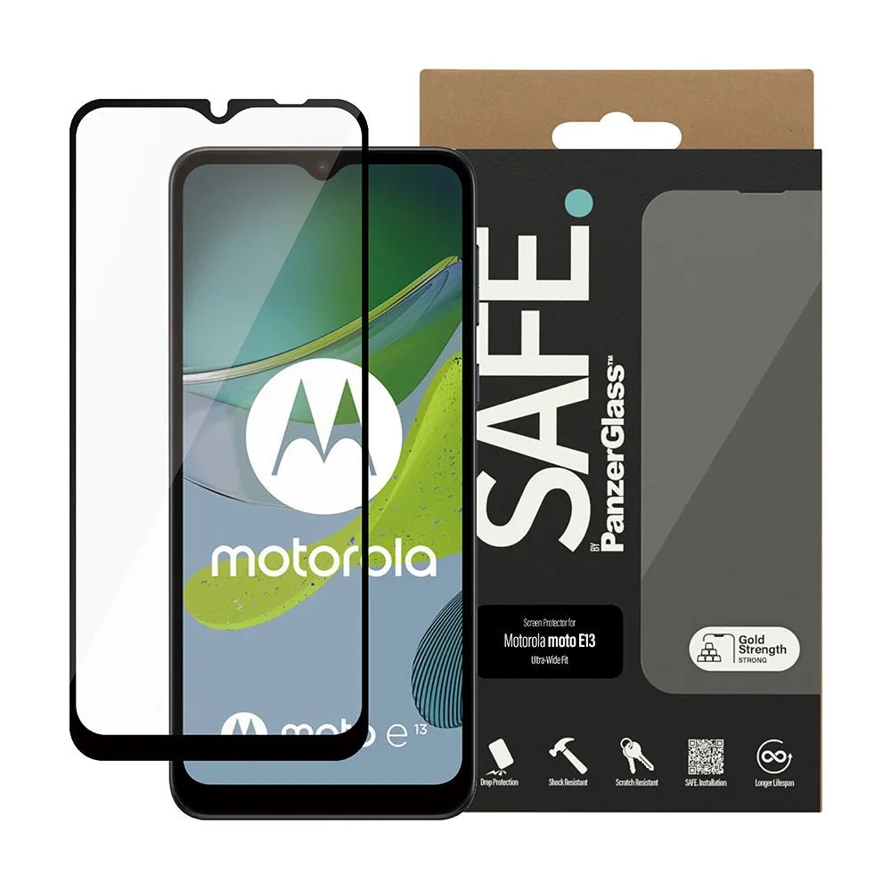 Motorola Moto E13 Safe By PanzerGlass® Ultra-Wide Fit Skærmbeskyttelse - Case Friendly - Gold Strength - Gennemsigtig