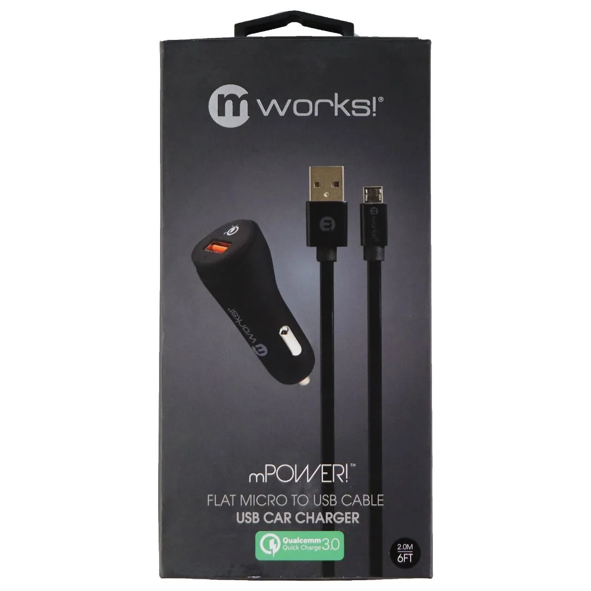 mWorks mPower Car Charger With Micro USB Cable Sync Cable Pack - Black