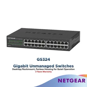 Netgear 24-Port Gigabit Ethernet Unmanaged Switch (GS324) - Desktop, Wall, or Rackmount, Silent Operation