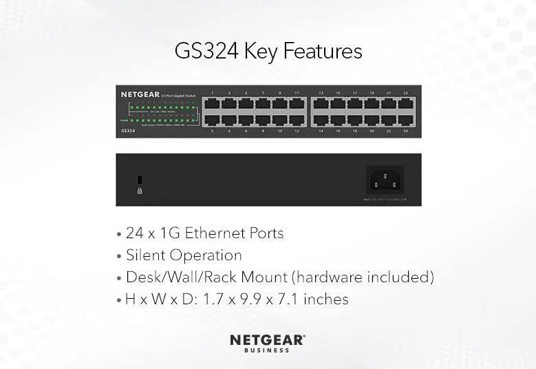 Netgear 24-Port Gigabit Ethernet Unmanaged Switch (GS324) - Desktop, Wall, or Rackmount, Silent Operation